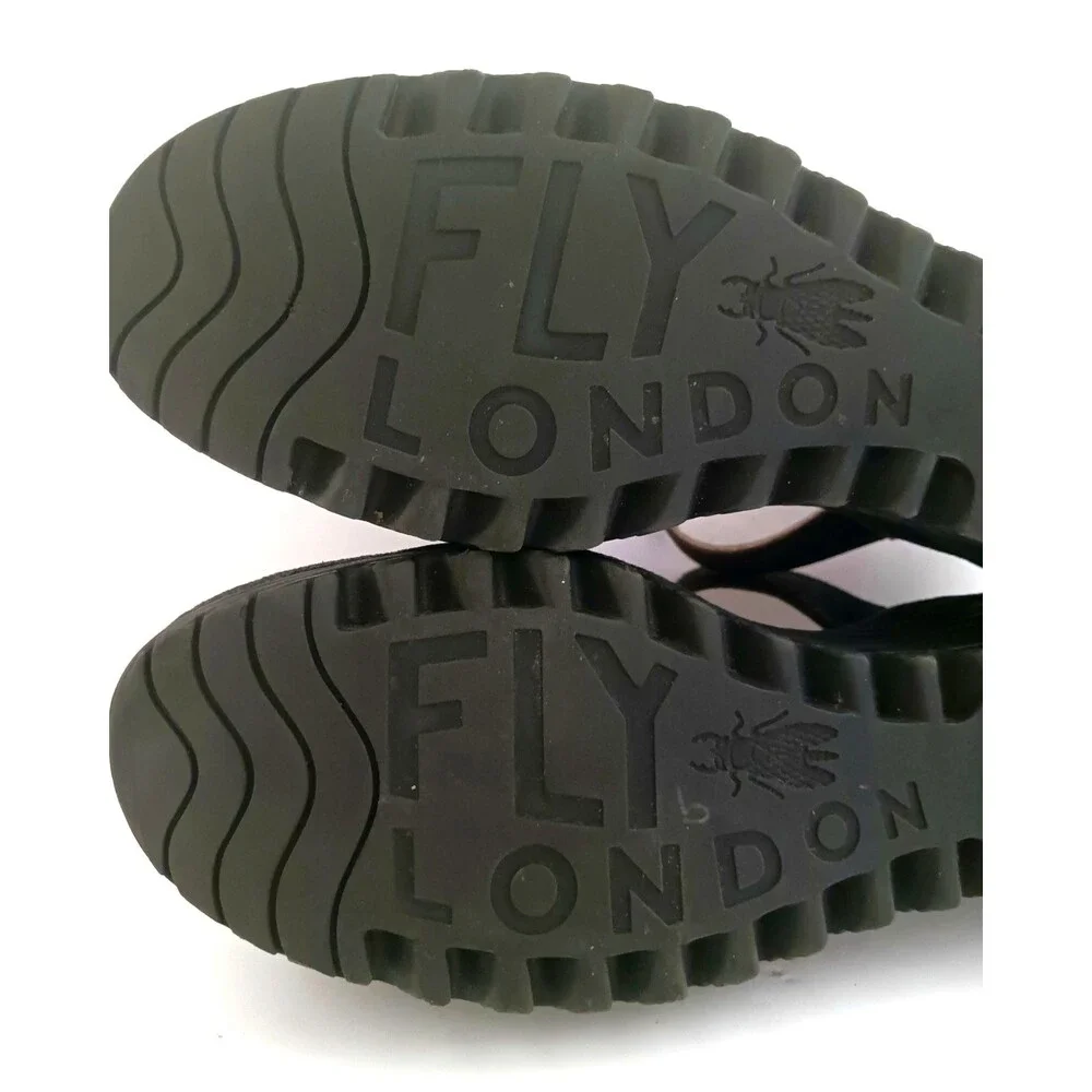 FLY London Rese730Fly Blk Leather Strappy Wedge Sandal Ankle Strap 39/8-8.5
